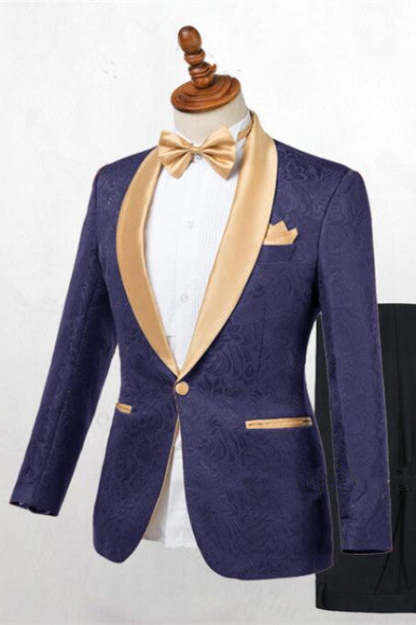 Chic Dark Blue Jacquard Shawl Lapel Wedding Suit for Men?��s Events