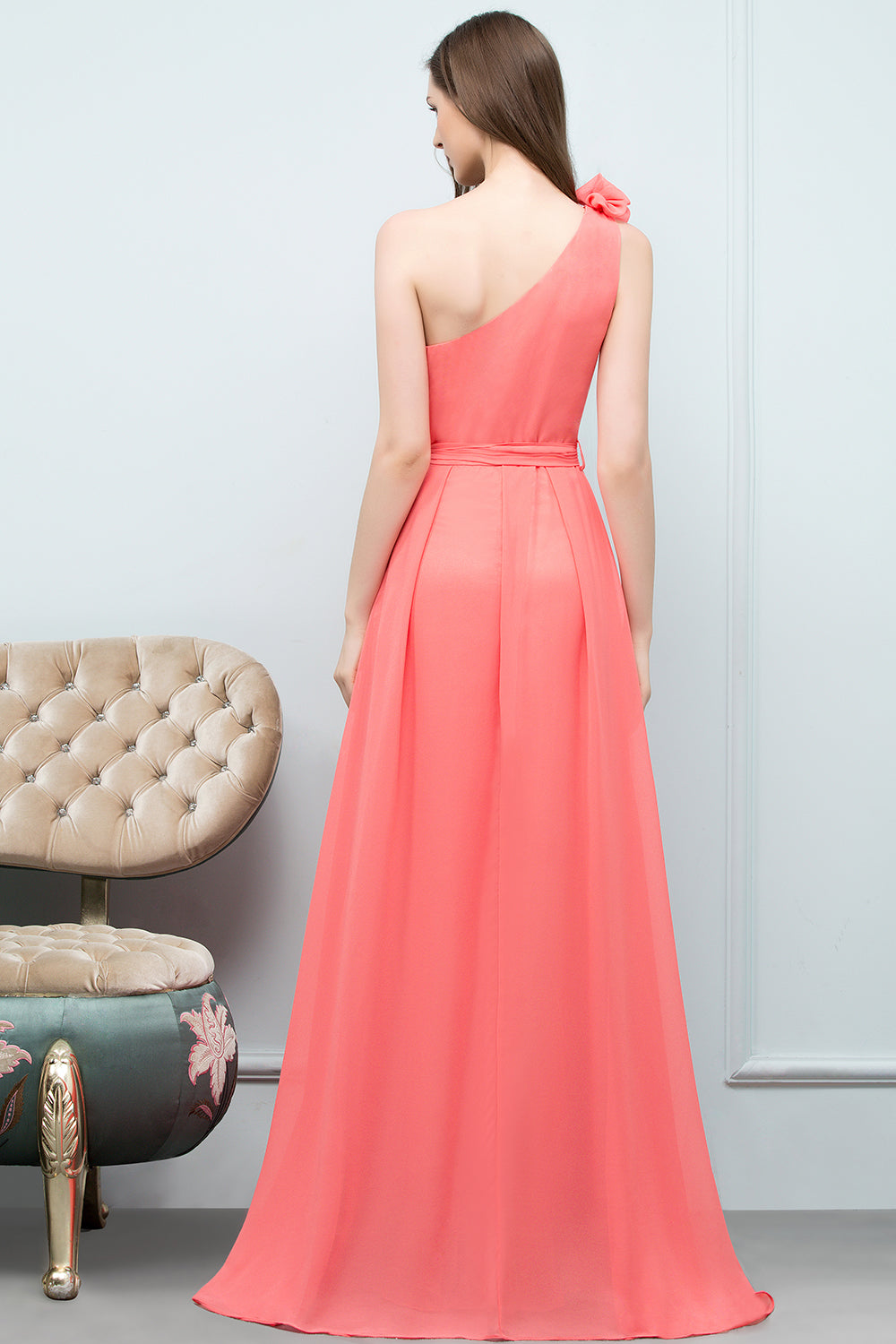 Chic One Shoulder Flower Long Bridesmaid Dresses with Bow Sash-Babyonlines