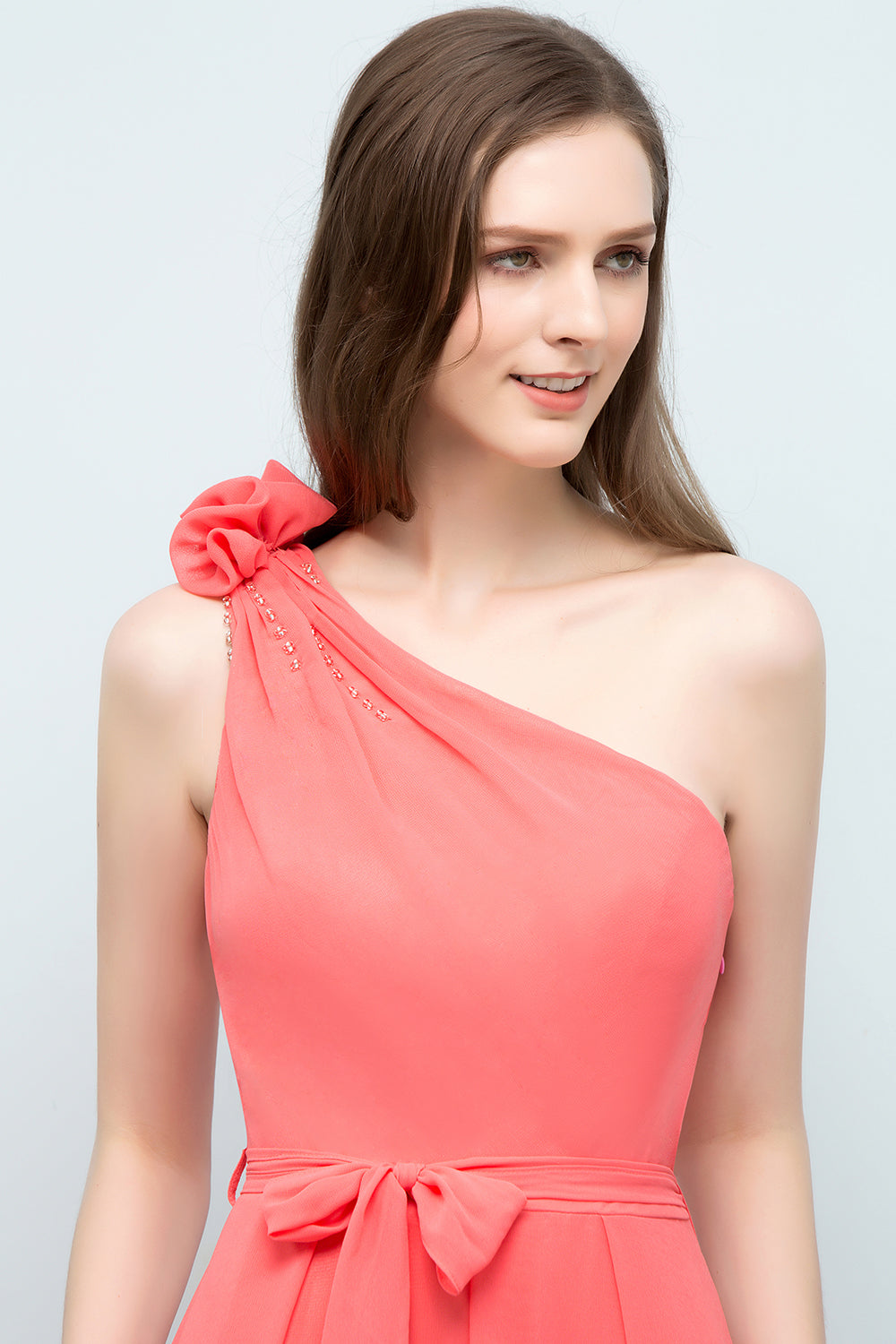 Chic One Shoulder Flower Long Bridesmaid Dresses with Bow Sash-Babyonlines