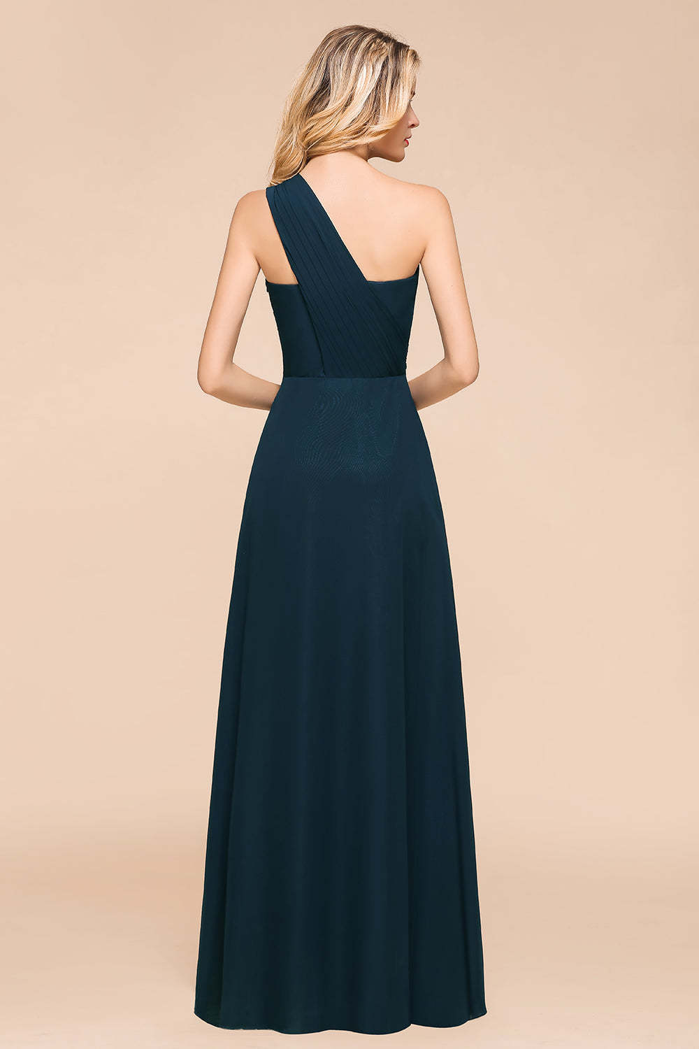 Chic One Shoulder Navy Chiffon Bridesmaid Dresses with Ruffle-Babyonlines