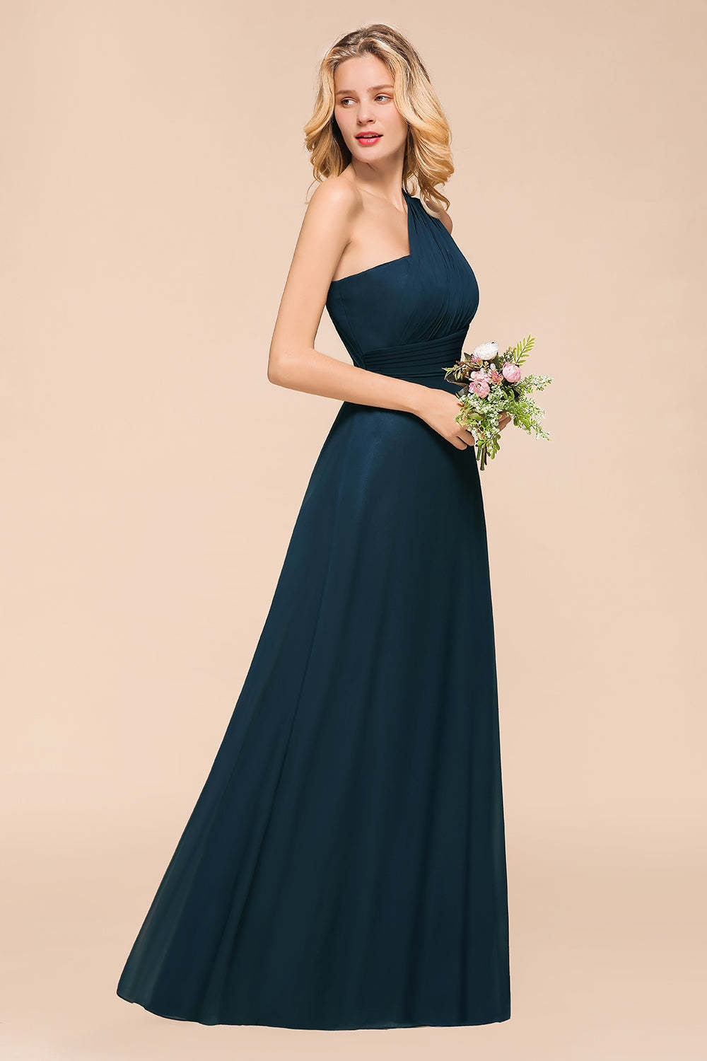 Chic One Shoulder Navy Chiffon Bridesmaid Dresses with Ruffle-Babyonlines