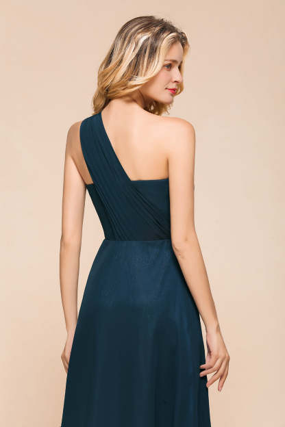 Chic One Shoulder Navy Chiffon Bridesmaid Dresses with Ruffle-Babyonlines