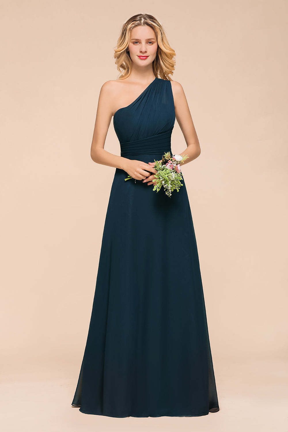 Chic One Shoulder Navy Chiffon Bridesmaid Dresses with Ruffle-Babyonlines