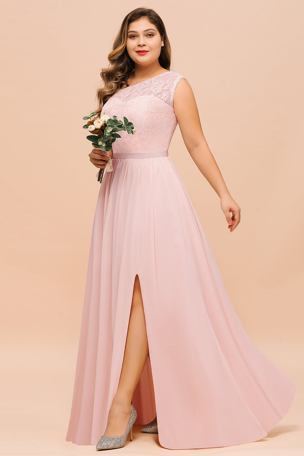 Chic One-Shoulder Pink Lace Bridesmaid Dresses with Slit-Babyonlines