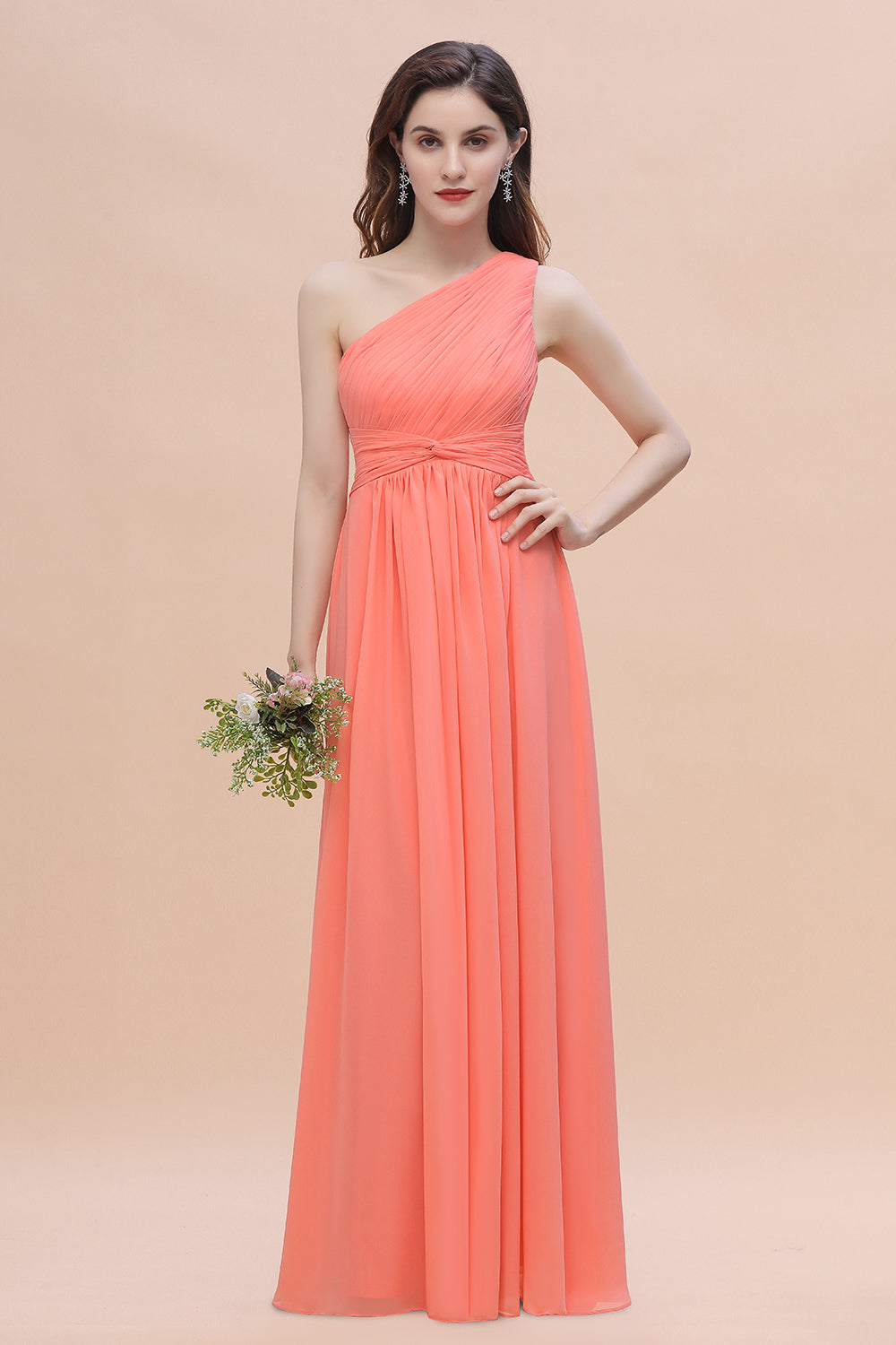 Chic One-Shoulder Ruffles Chiffon Coral Bridesmaid Dresses On Sale-Babyonlines