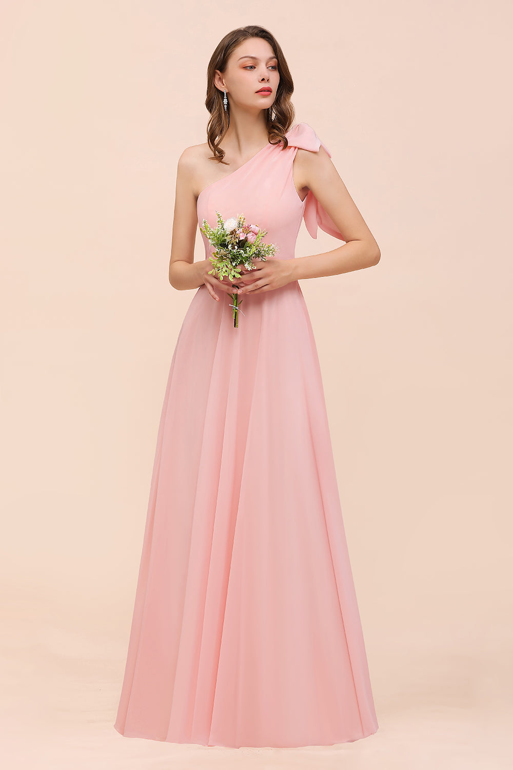 Chic One Shoulder Sleeveless Pink Chiffon Bridesmaid Dress with Bow-Babyonlines