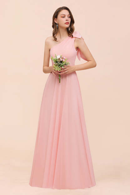 Chic One Shoulder Sleeveless Pink Chiffon Bridesmaid Dress with Bow-Babyonlines