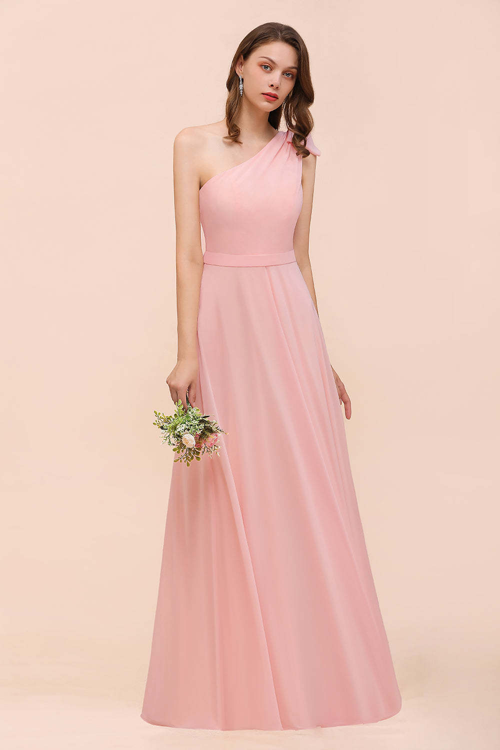Chic One Shoulder Sleeveless Pink Chiffon Bridesmaid Dress with Bow-Babyonlines
