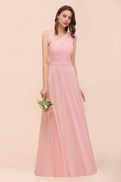 Chic One Shoulder Sleeveless Pink Chiffon Bridesmaid Dress with Bow-Babyonlines