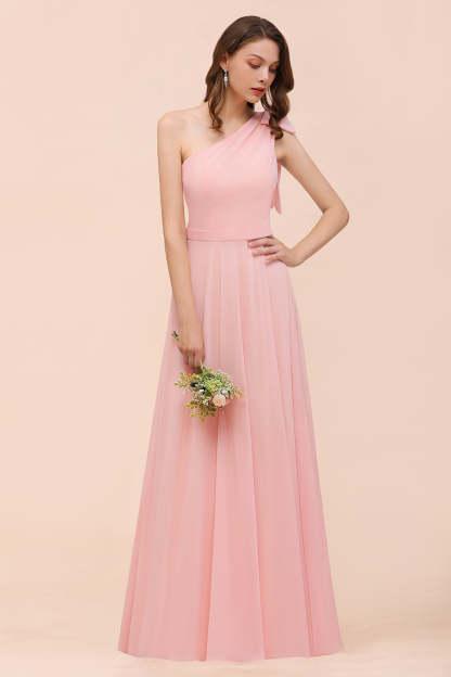 Chic One Shoulder Sleeveless Pink Chiffon Bridesmaid Dress with Bow-Babyonlines
