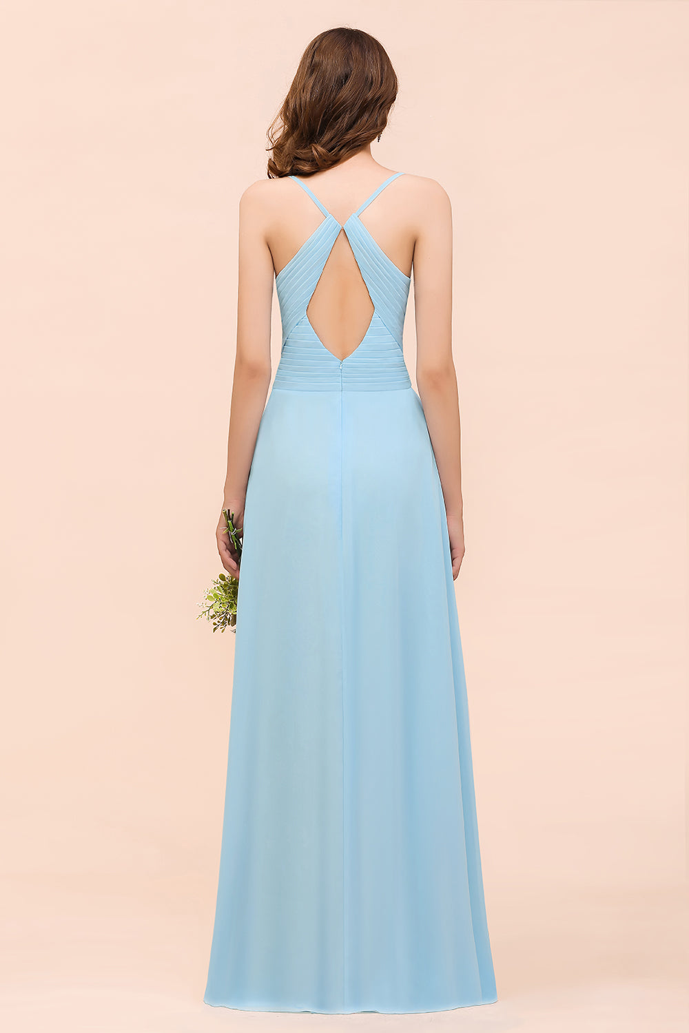 Chic Spaghetti Straps Ruffle Sky Blue Chiffon Bridesmaid Dress Online-Babyonlines