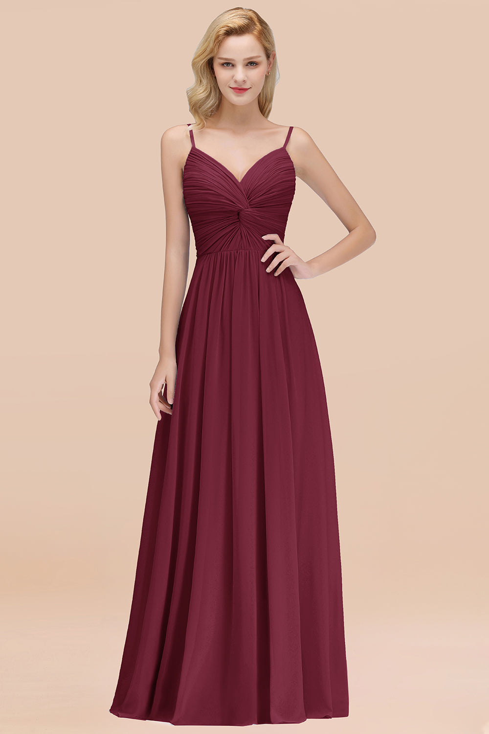 Chic V-Neck Pleated Backless Bridesmaid Dresses with Spaghetti Straps-Babyonlines