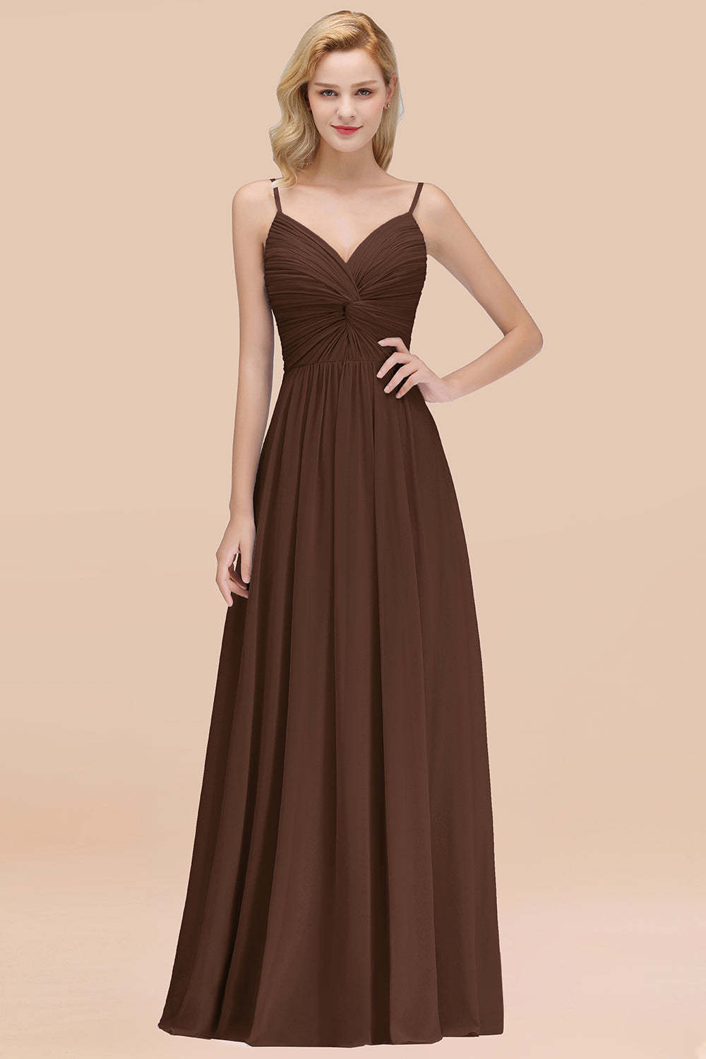 Chic V-Neck Pleated Backless Bridesmaid Dresses with Spaghetti Straps-Babyonlines