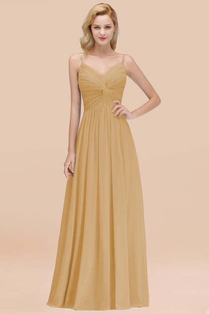 Chic V-Neck Pleated Backless Bridesmaid Dresses with Spaghetti Straps-Babyonlines
