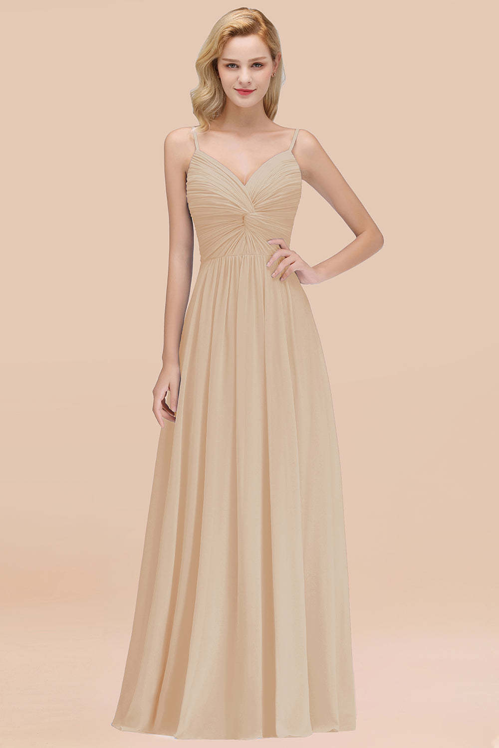 Chic V-Neck Pleated Backless Bridesmaid Dresses with Spaghetti Straps-Babyonlines