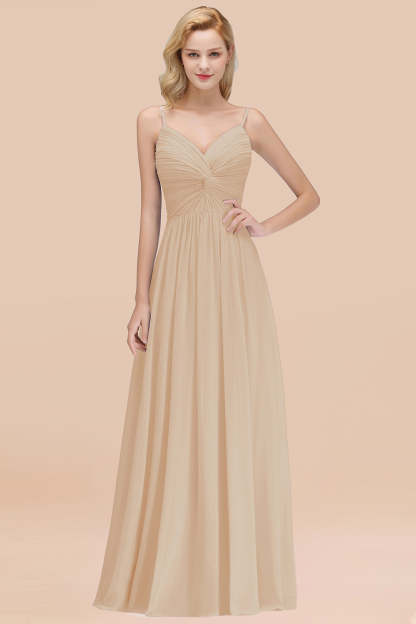 Chic V-Neck Pleated Backless Bridesmaid Dresses with Spaghetti Straps-Babyonlines