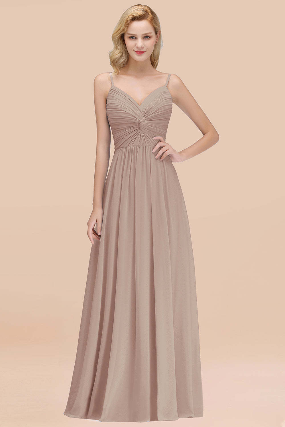 Chic V-Neck Pleated Backless Bridesmaid Dresses with Spaghetti Straps-Babyonlines