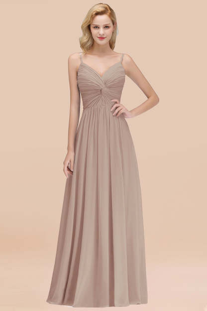 Chic V-Neck Pleated Backless Bridesmaid Dresses with Spaghetti Straps-Babyonlines