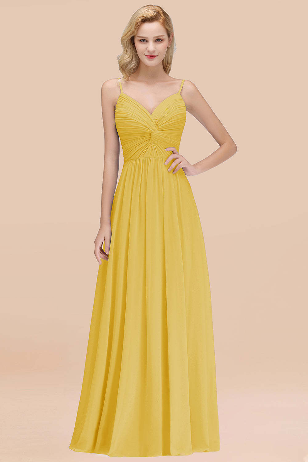 Chic V-Neck Pleated Backless Bridesmaid Dresses with Spaghetti Straps-Babyonlines