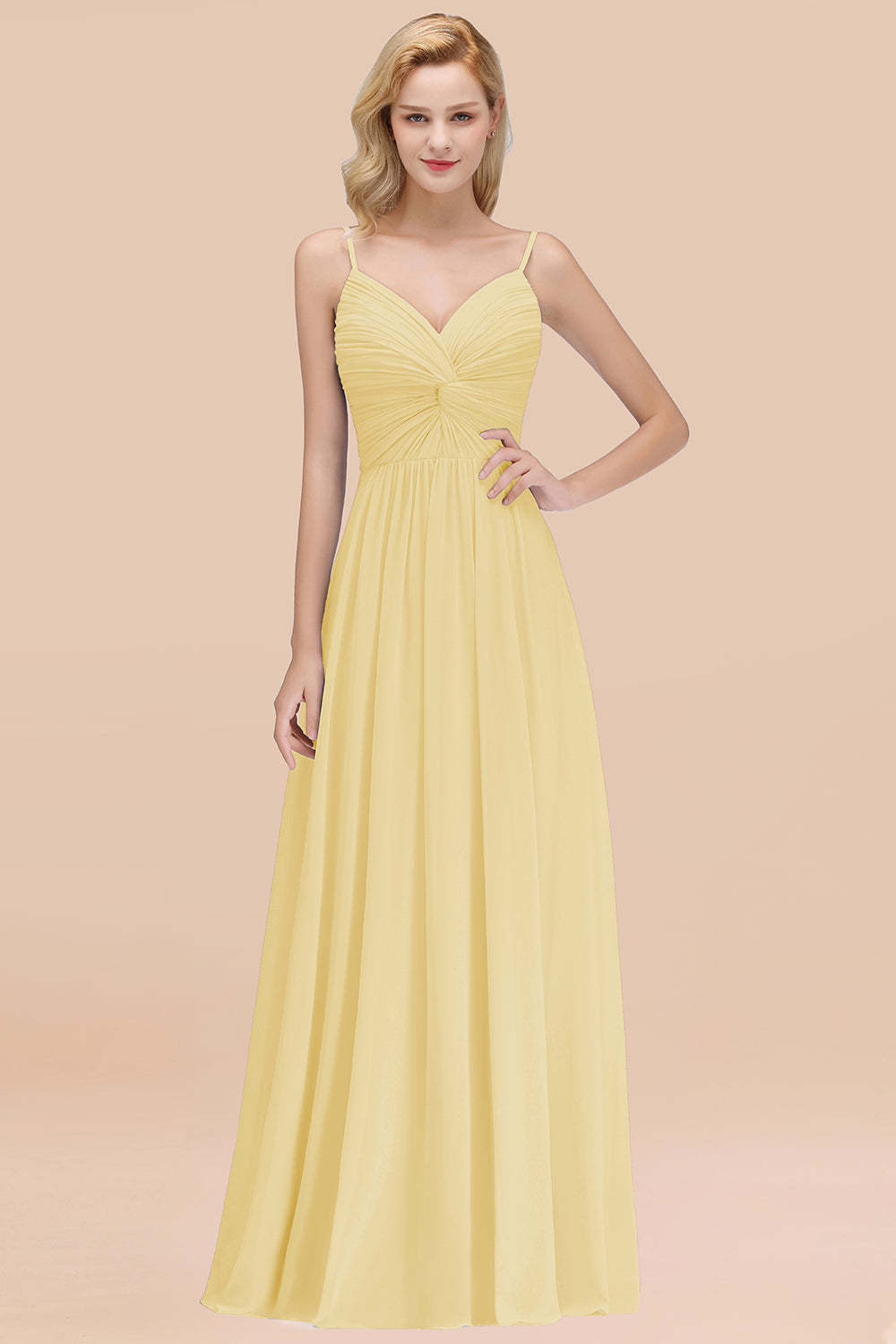 Chic V-Neck Pleated Backless Bridesmaid Dresses with Spaghetti Straps-Babyonlines