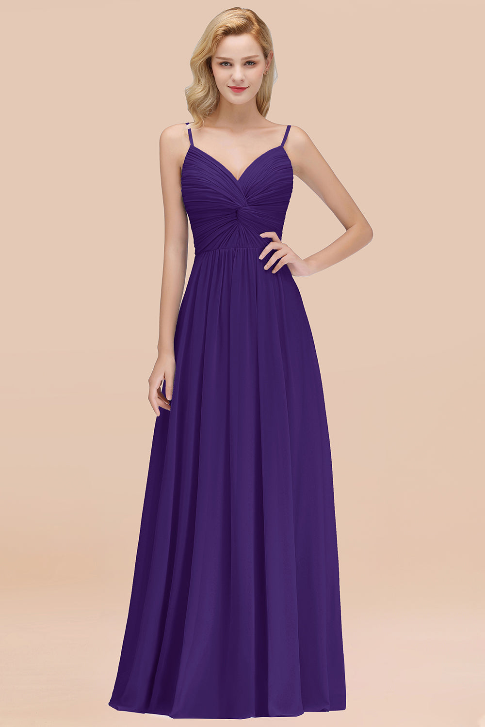 Chic V-Neck Pleated Backless Bridesmaid Dresses with Spaghetti Straps-Babyonlines