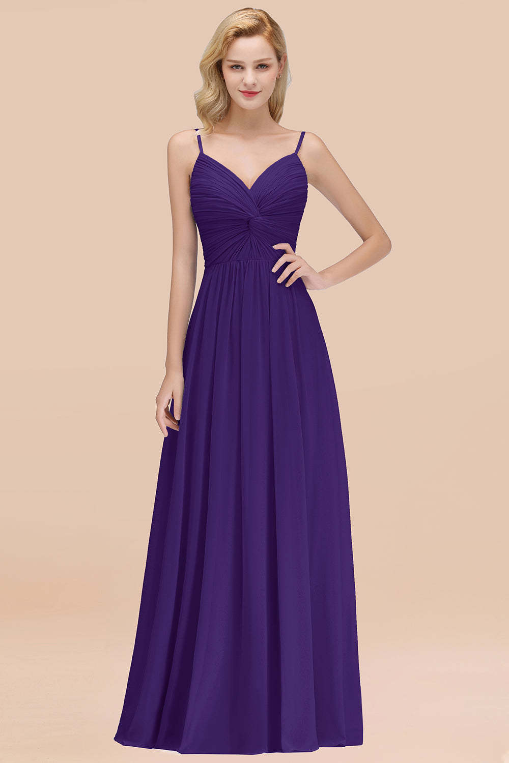 Chic V-Neck Pleated Backless Bridesmaid Dresses with Spaghetti Straps-Babyonlines