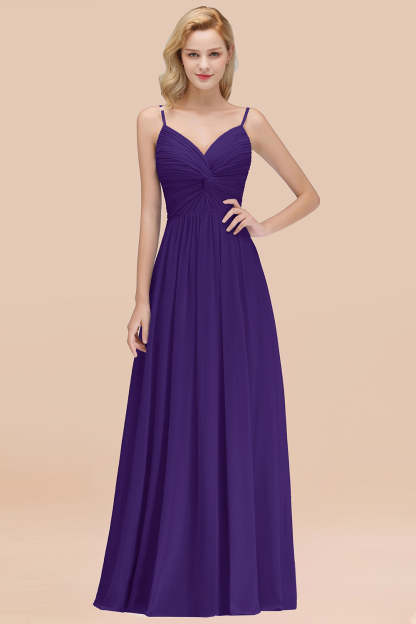 Chic V-Neck Pleated Backless Bridesmaid Dresses with Spaghetti Straps-Babyonlines