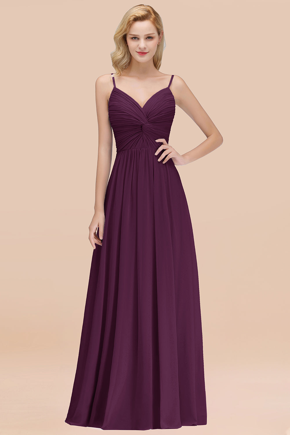 Chic V-Neck Pleated Backless Bridesmaid Dresses with Spaghetti Straps-Babyonlines