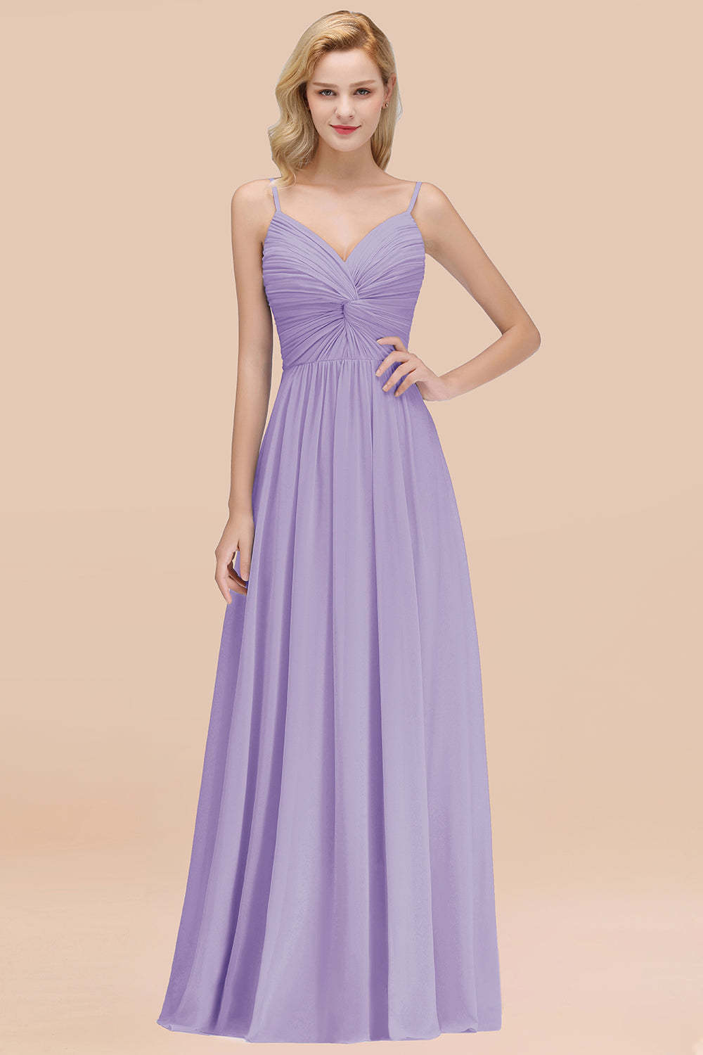 Chic V-Neck Pleated Backless Bridesmaid Dresses with Spaghetti Straps-Babyonlines