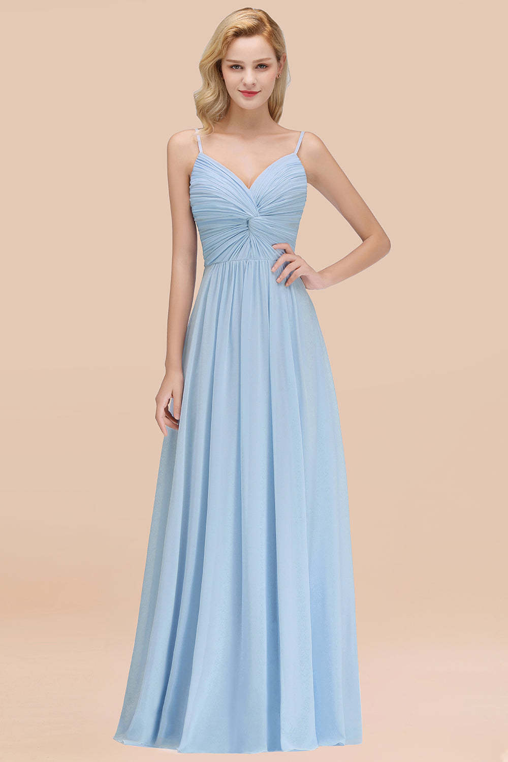 Chic V-Neck Pleated Backless Bridesmaid Dresses with Spaghetti Straps-Babyonlines