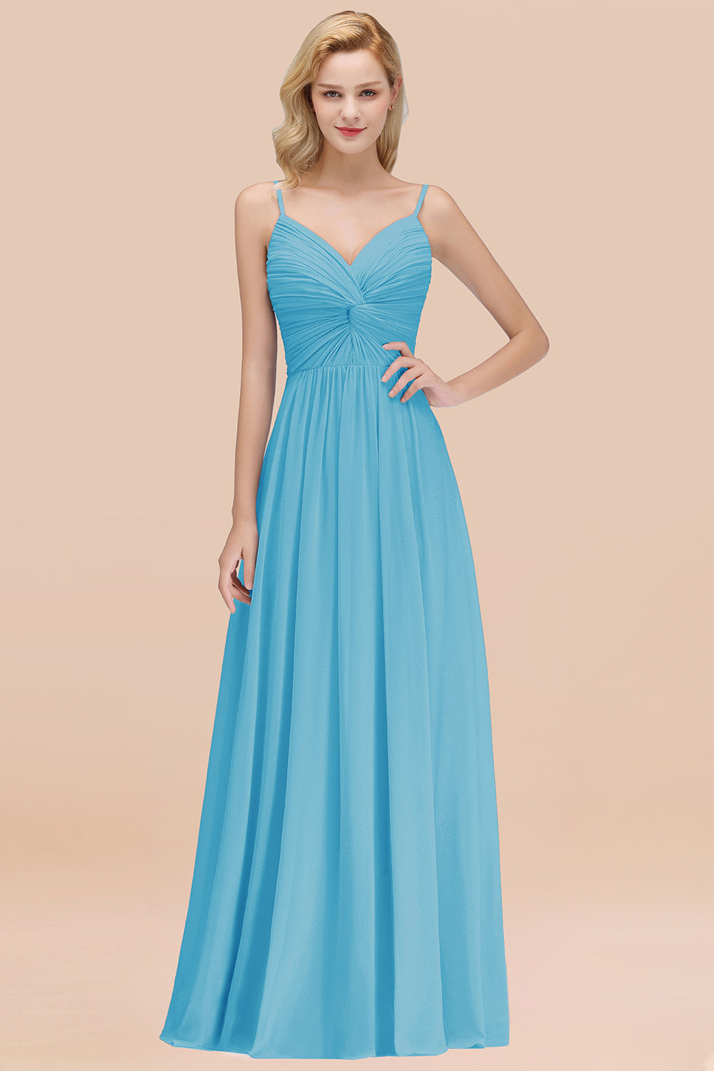 Chic V-Neck Pleated Backless Bridesmaid Dresses with Spaghetti Straps-Babyonlines