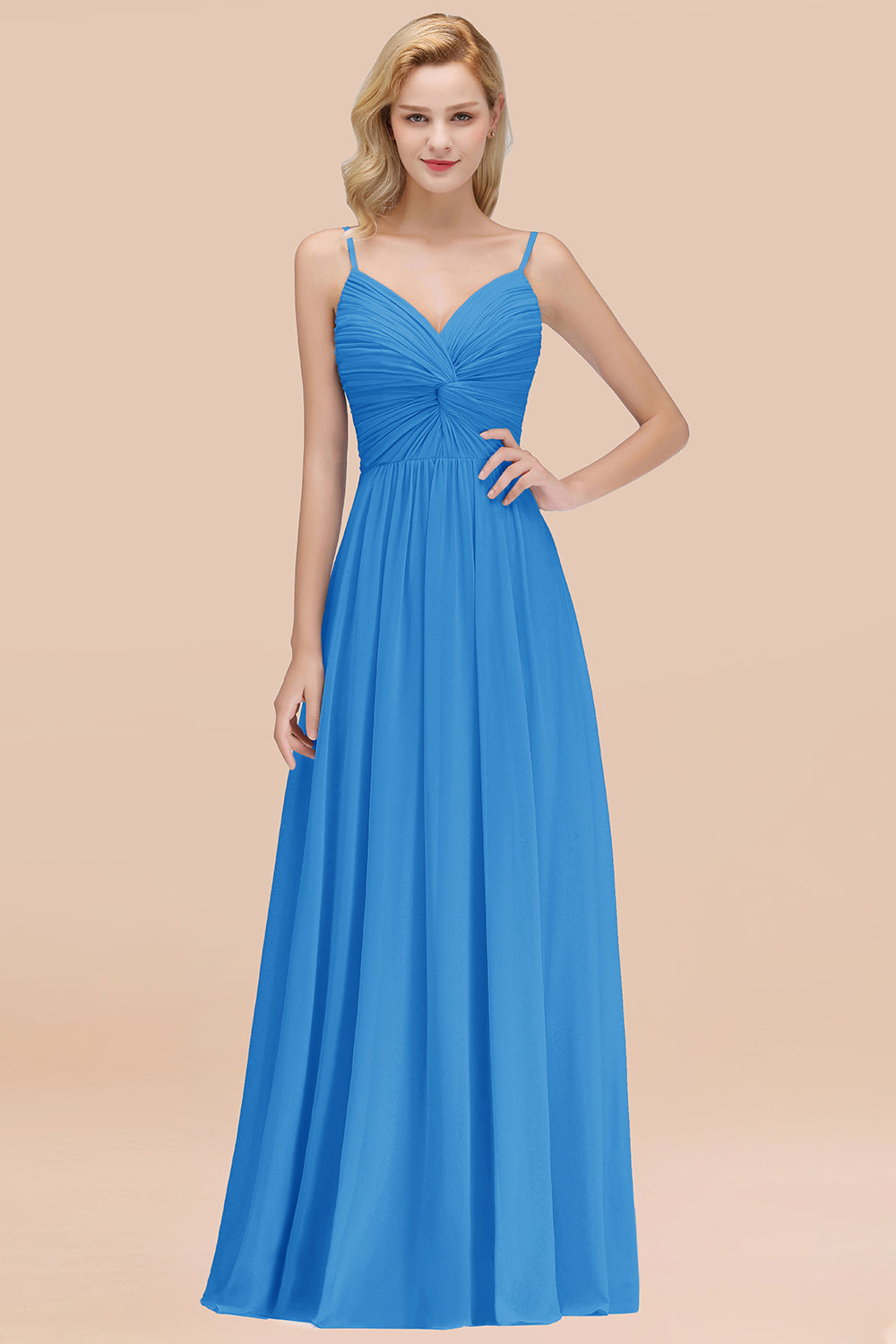 Chic V-Neck Pleated Backless Bridesmaid Dresses with Spaghetti Straps-Babyonlines
