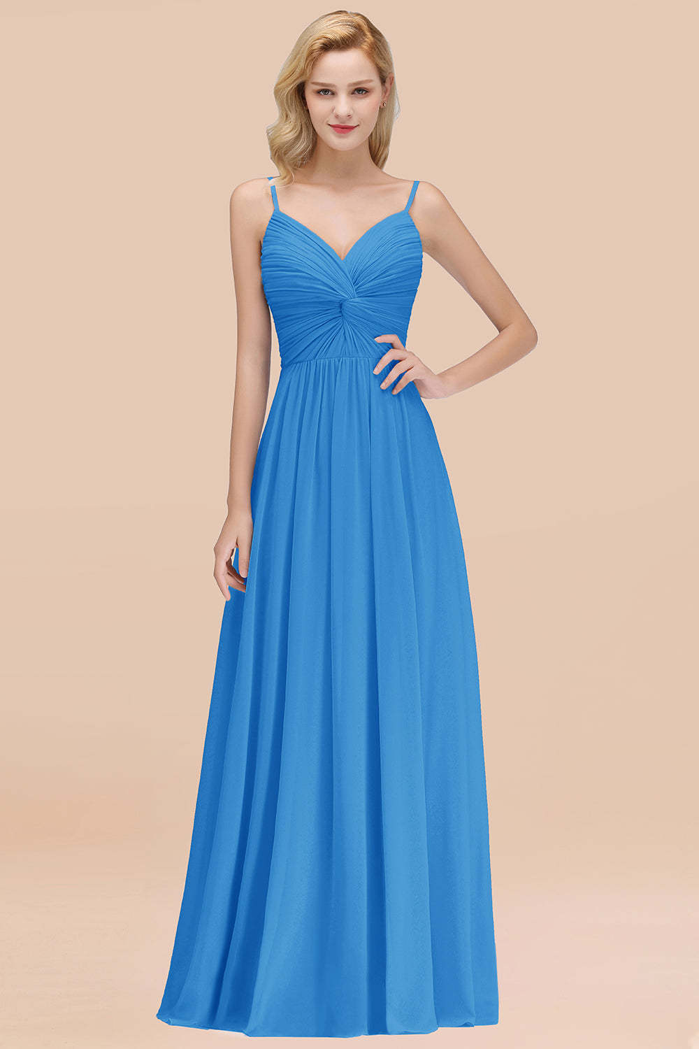 Chic V-Neck Pleated Backless Bridesmaid Dresses with Spaghetti Straps-Babyonlines