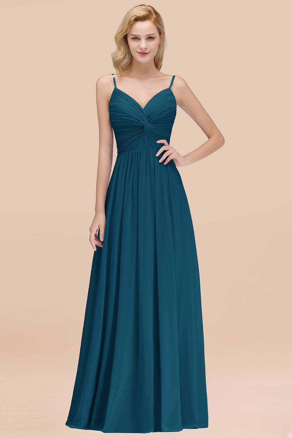 Chic V-Neck Pleated Backless Bridesmaid Dresses with Spaghetti Straps-Babyonlines