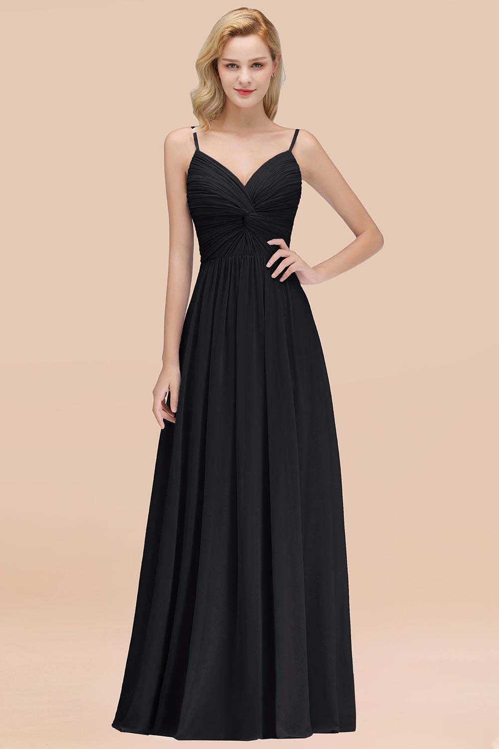 Chic V-Neck Pleated Backless Bridesmaid Dresses with Spaghetti Straps-Babyonlines