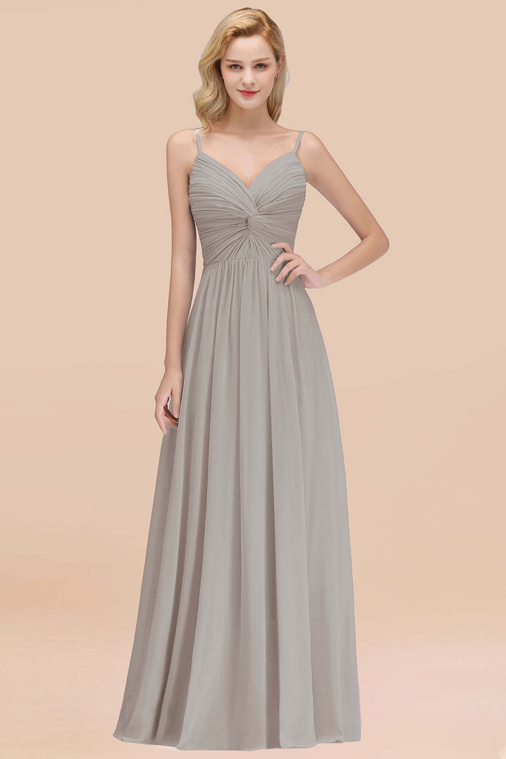 Chic V-Neck Pleated Backless Bridesmaid Dresses with Spaghetti Straps-Babyonlines