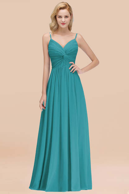 Chic V-Neck Pleated Backless Bridesmaid Dresses with Spaghetti Straps-Babyonlines