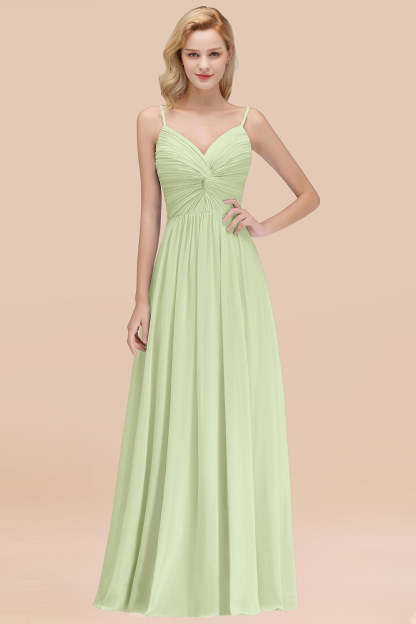 Chic V-Neck Pleated Backless Bridesmaid Dresses with Spaghetti Straps-Babyonlines