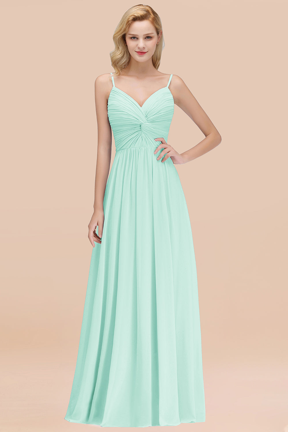 Chic V-Neck Pleated Backless Bridesmaid Dresses with Spaghetti Straps-Babyonlines