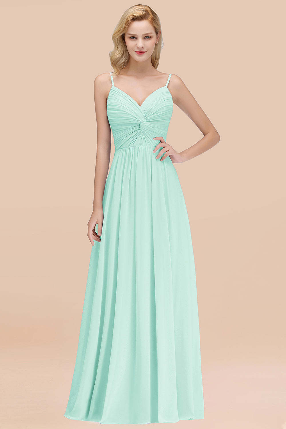 Chic V-Neck Pleated Backless Bridesmaid Dresses with Spaghetti Straps-Babyonlines