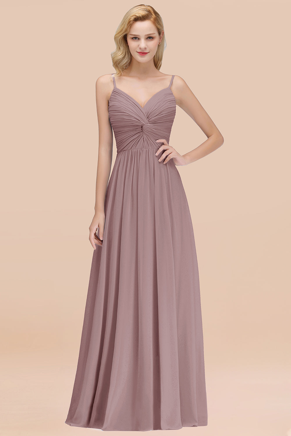 Chic V-Neck Pleated Backless Bridesmaid Dresses with Spaghetti Straps-Babyonlines