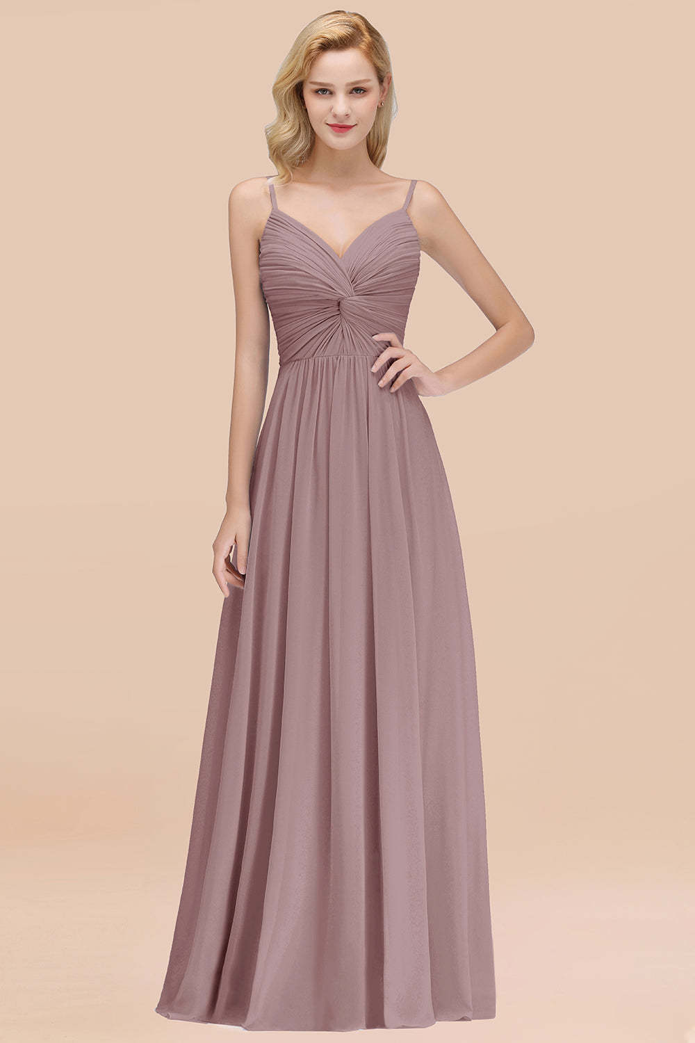 Chic V-Neck Pleated Backless Bridesmaid Dresses with Spaghetti Straps-Babyonlines
