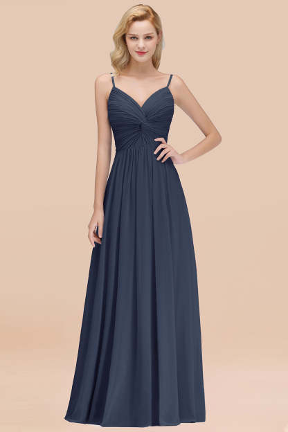 Chic V-Neck Pleated Backless Bridesmaid Dresses with Spaghetti Straps-Babyonlines