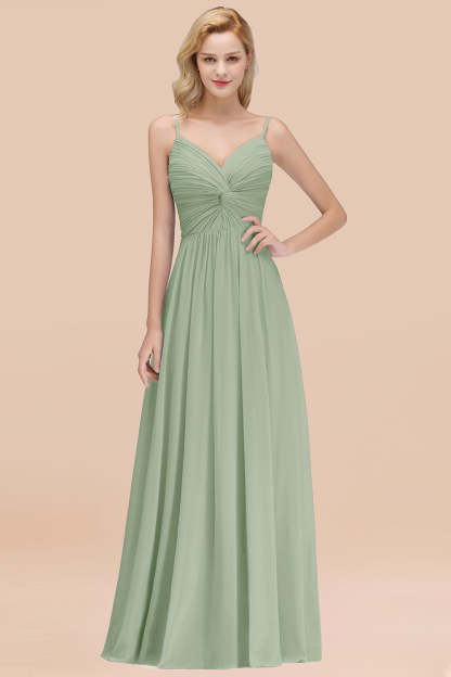 Chic V-Neck Pleated Backless Bridesmaid Dresses with Spaghetti Straps-Babyonlines