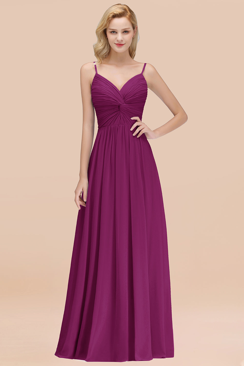 Chic V-Neck Pleated Backless Bridesmaid Dresses with Spaghetti Straps-Babyonlines