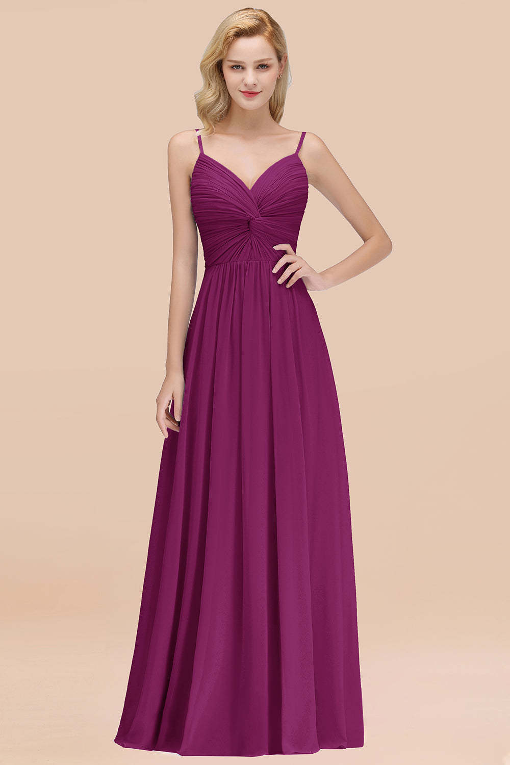 Chic V-Neck Pleated Backless Bridesmaid Dresses with Spaghetti Straps-Babyonlines
