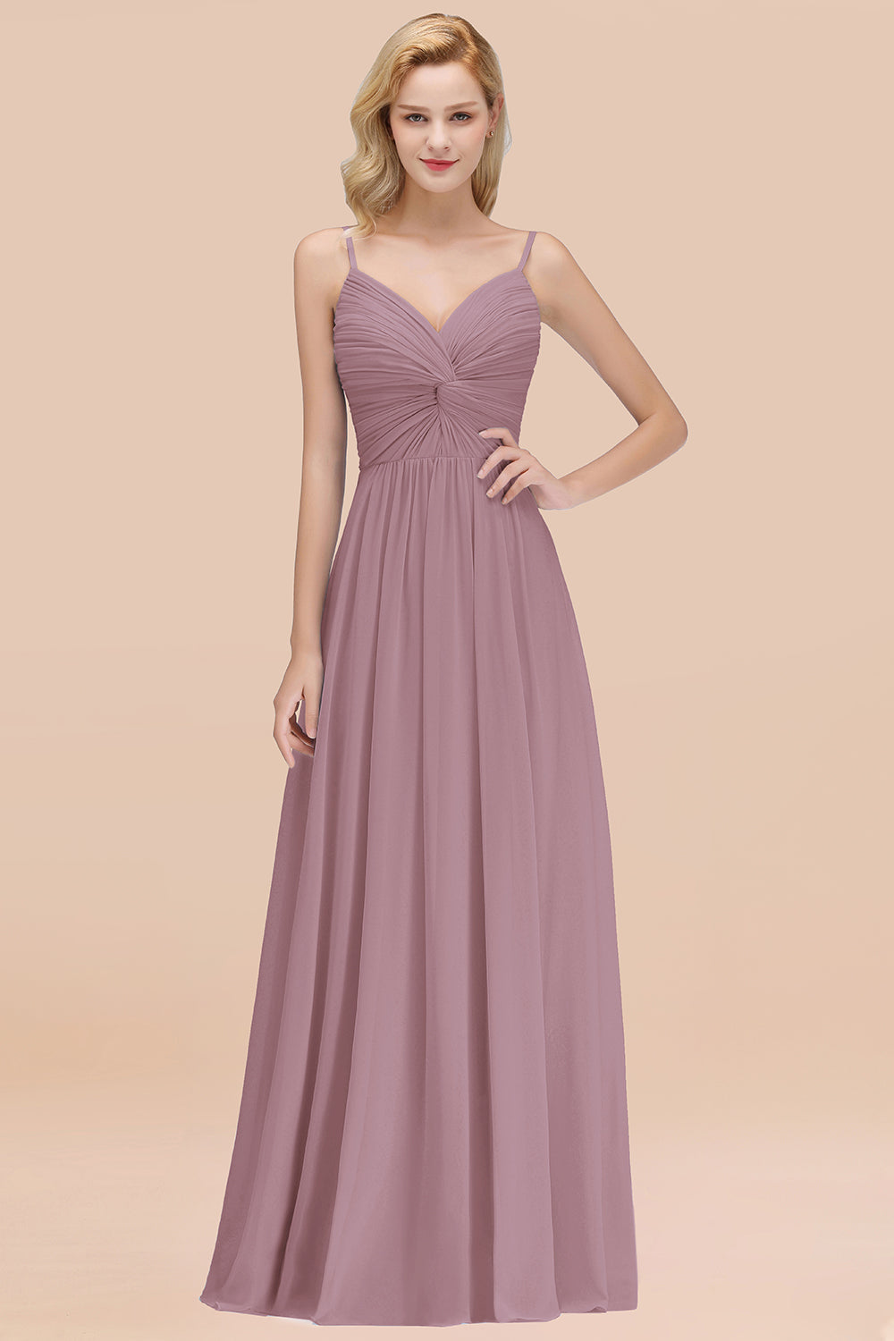 Chic V-Neck Pleated Backless Bridesmaid Dresses with Spaghetti Straps-Babyonlines