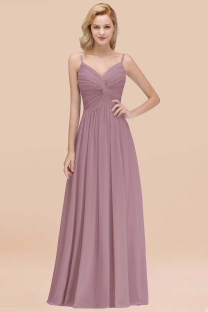 Chic V-Neck Pleated Backless Bridesmaid Dresses with Spaghetti Straps-Babyonlines