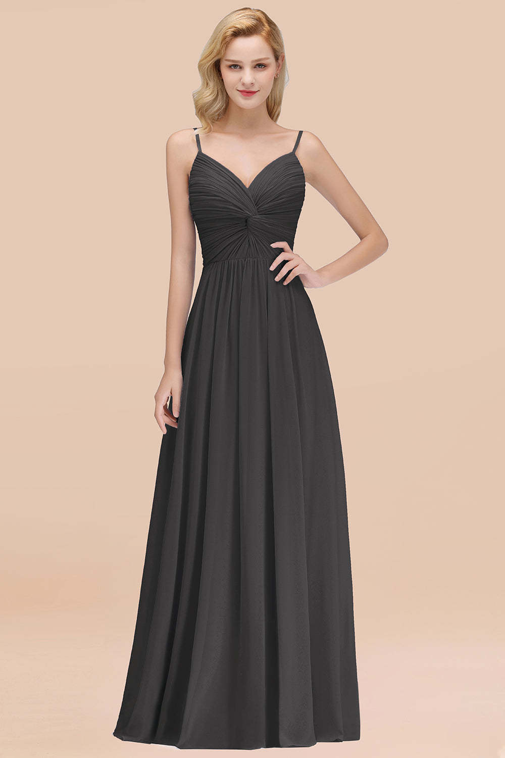 Chic V-Neck Pleated Backless Bridesmaid Dresses with Spaghetti Straps-Babyonlines