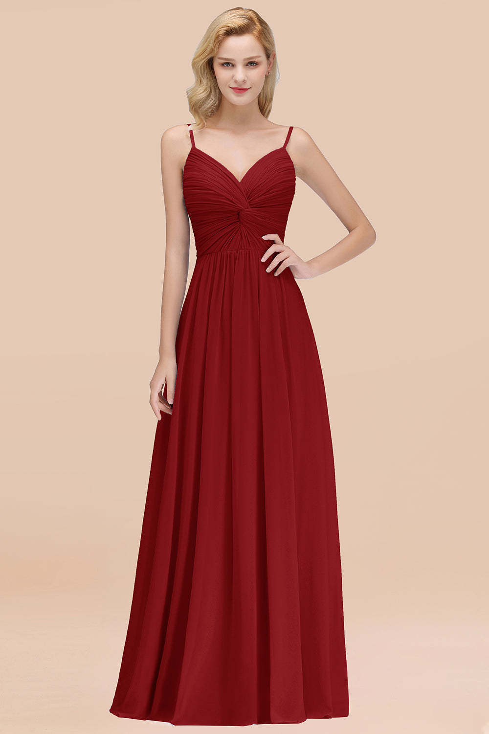 Chic V-Neck Pleated Backless Bridesmaid Dresses with Spaghetti Straps-Babyonlines